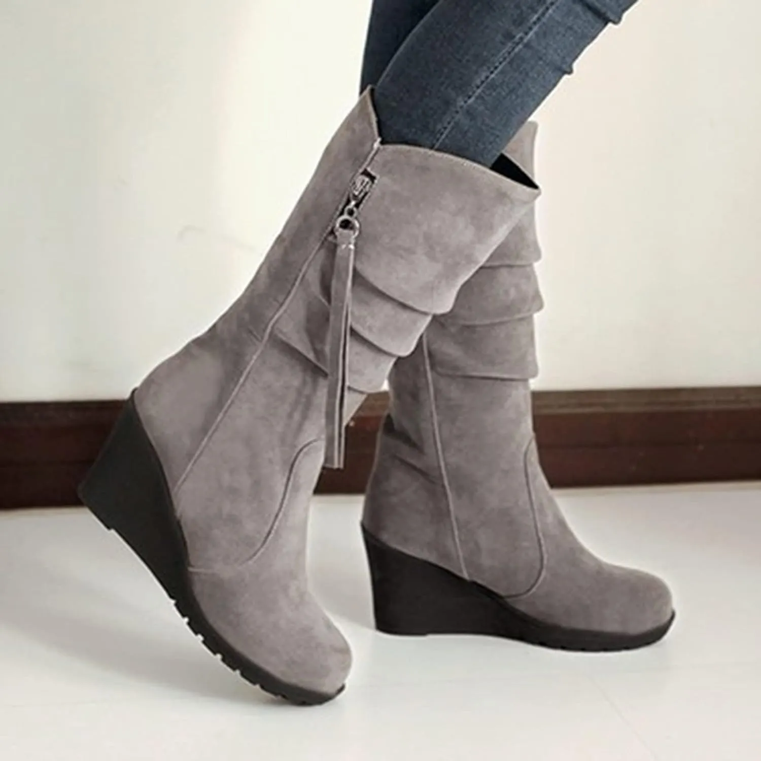 AMDBEL Mid Calf Boots for Women Wedge Heel Fall Boots for Women 2024 Winter Zipper Platform Boots Fashion Booties Shoes