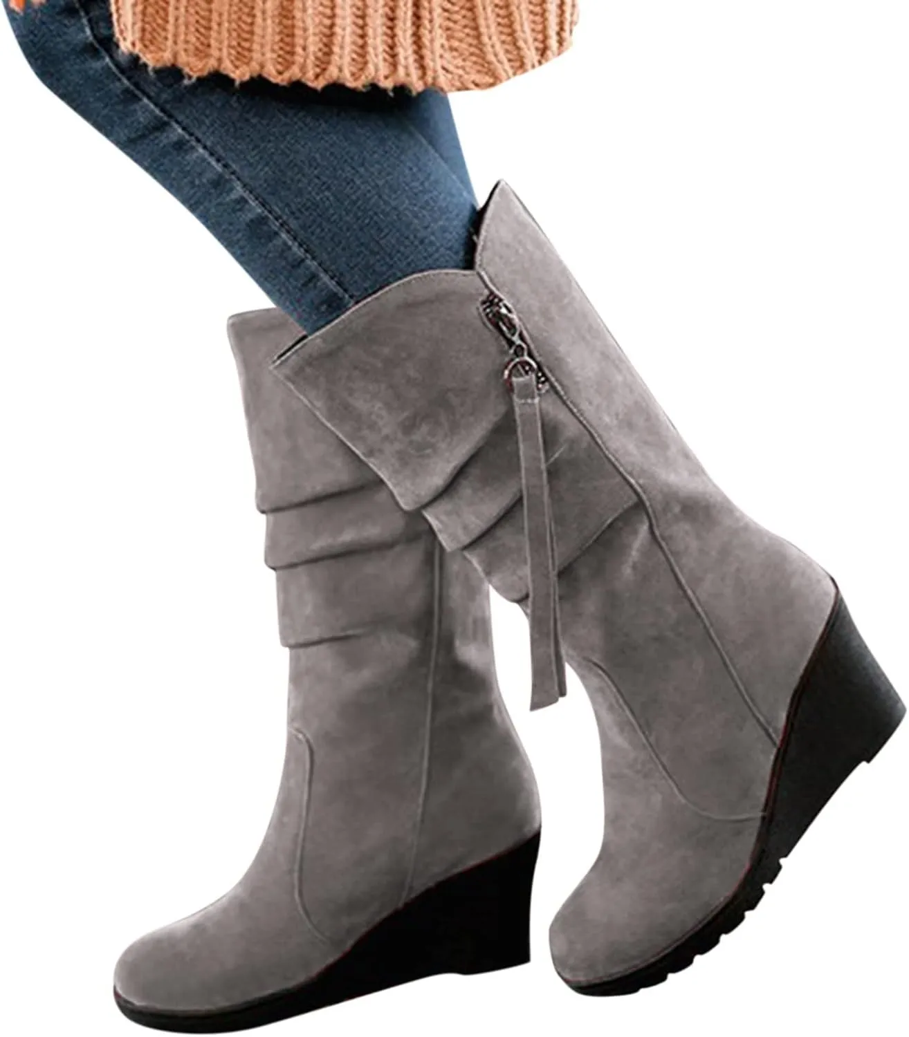 AMDBEL Mid Calf Boots for Women Wedge Heel Fall Boots for Women 2024 Winter Zipper Platform Boots Fashion Booties Shoes