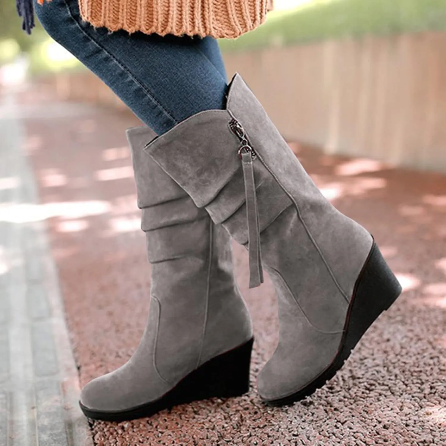 AMDBEL Mid Calf Boots for Women Wedge Heel Fall Boots for Women 2024 Winter Zipper Platform Boots Fashion Booties Shoes