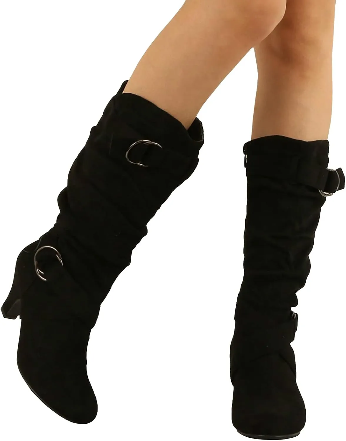 Ankle Boots For Women Suede Cross Belt Thigh High Boots Low Heeled Pull On Knee High Boots Mid Calf Bootie