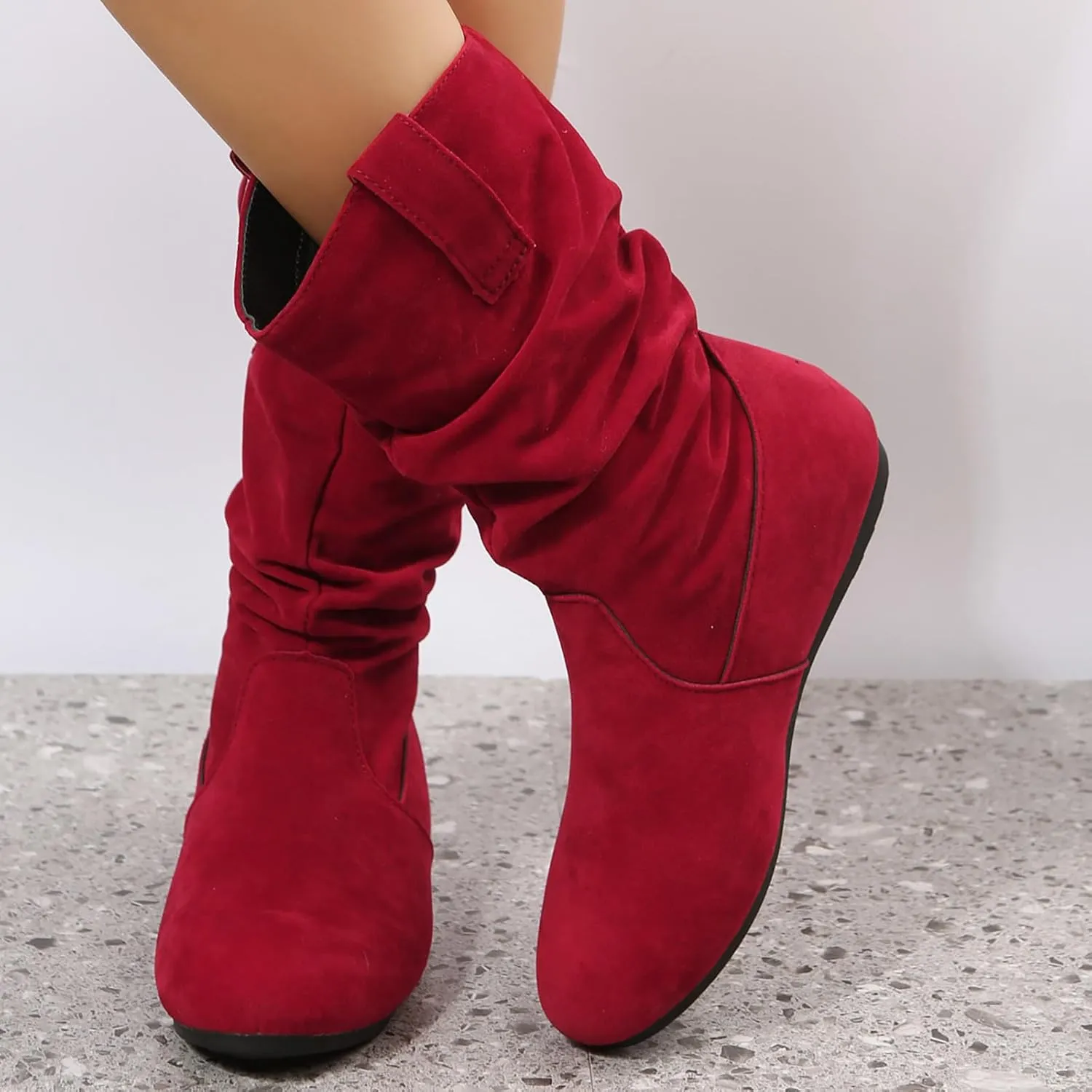 Ankle Boots For Women Suede Flats Mid Calf Boots Pleated Thigh High Boots Pull On Winter Winter Warm Bootie