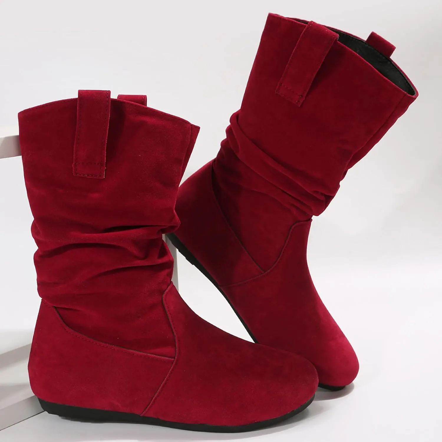 Ankle Boots For Women Suede Flats Mid Calf Boots Pleated Thigh High Boots Pull On Winter Winter Warm Bootie
