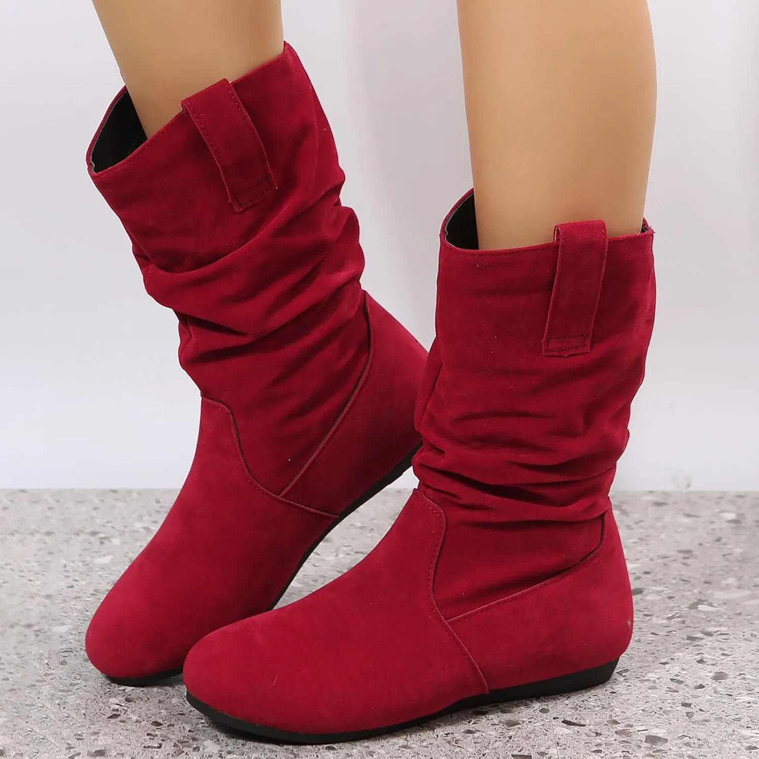 Ankle Boots For Women Suede Flats Mid Calf Boots Pleated Thigh High Boots Pull On Winter Winter Warm Bootie