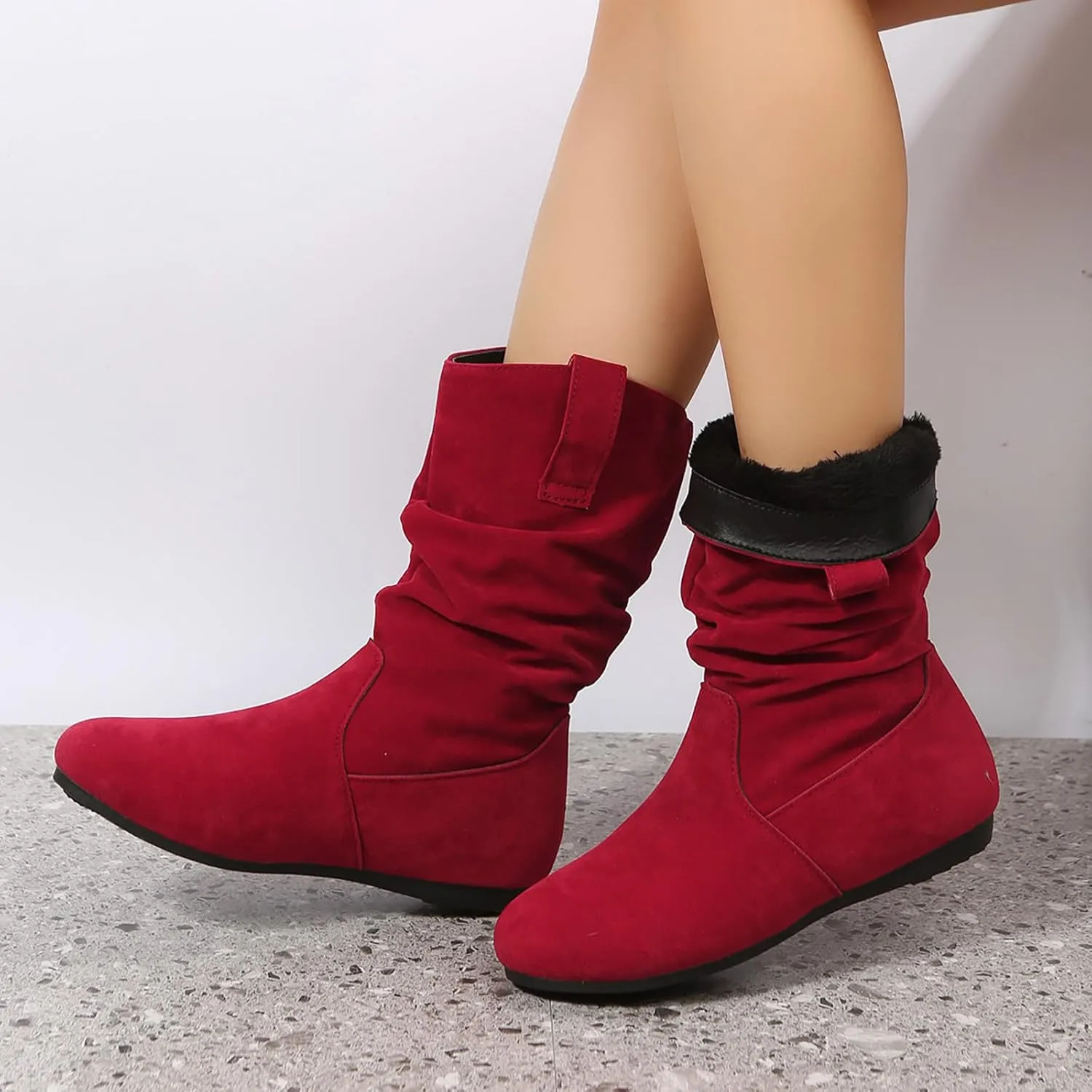 Ankle Boots For Women Suede Flats Mid Calf Boots Pleated Thigh High Boots Pull On Winter Winter Warm Bootie