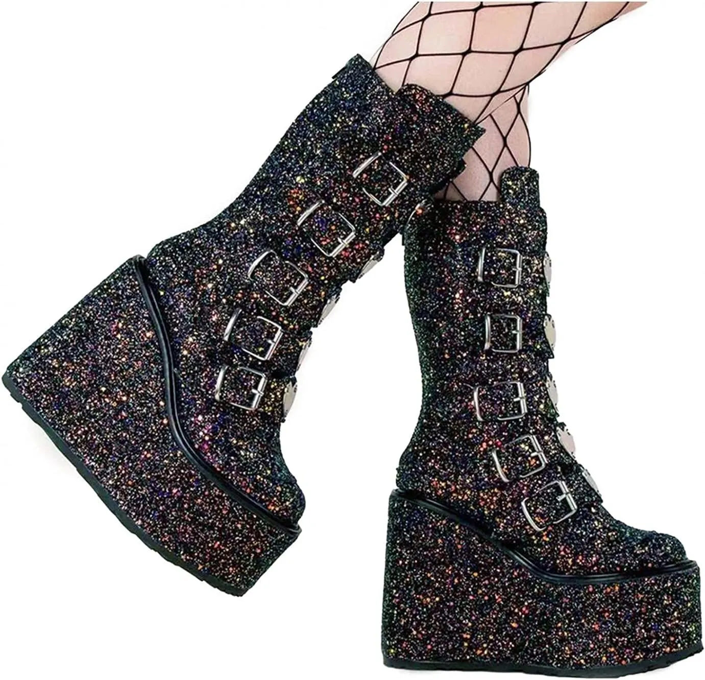 Bcshiye Womens Chunky Platform Knee High Boots Wedges Chunky High Heel Knight Boots Round Toe Short Combat Booties