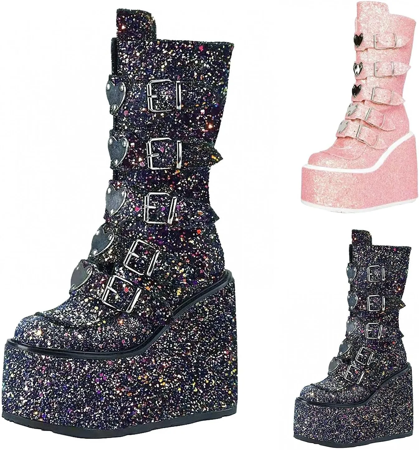 Bcshiye Womens Chunky Platform Knee High Boots Wedges Chunky High Heel Knight Boots Round Toe Short Combat Booties