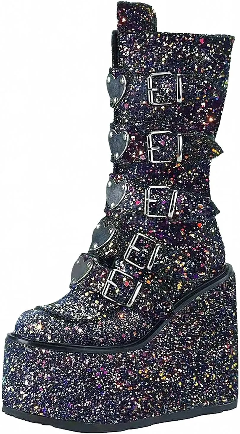Bcshiye Womens Chunky Platform Knee High Boots Wedges Chunky High Heel Knight Boots Round Toe Short Combat Booties
