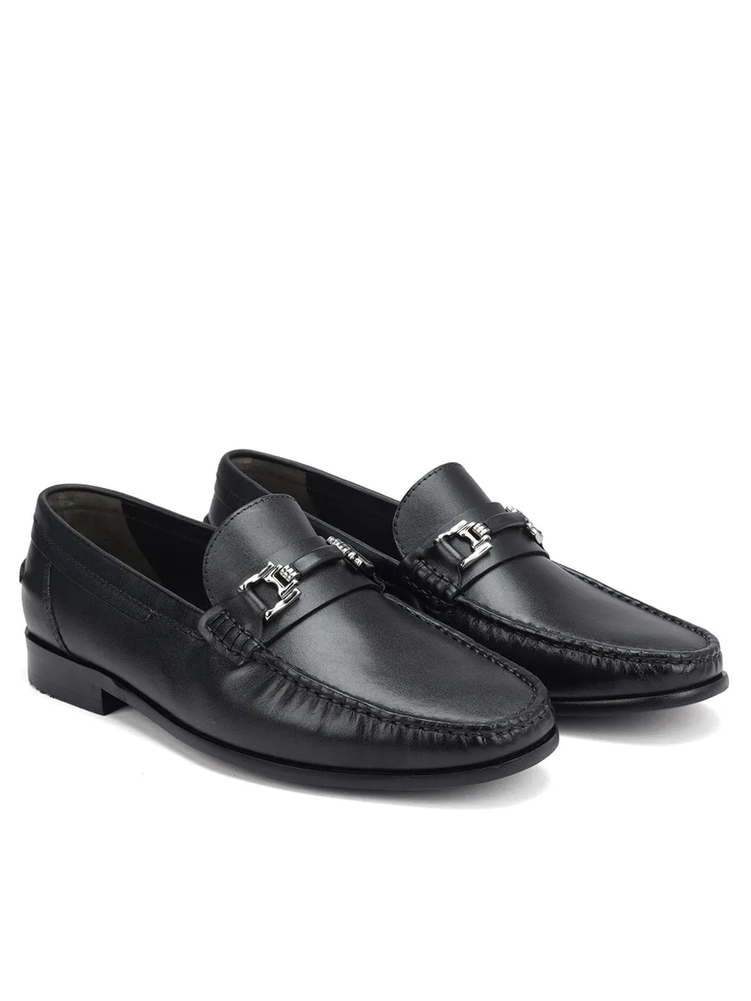 Black Leather Loafers With Panel On Top