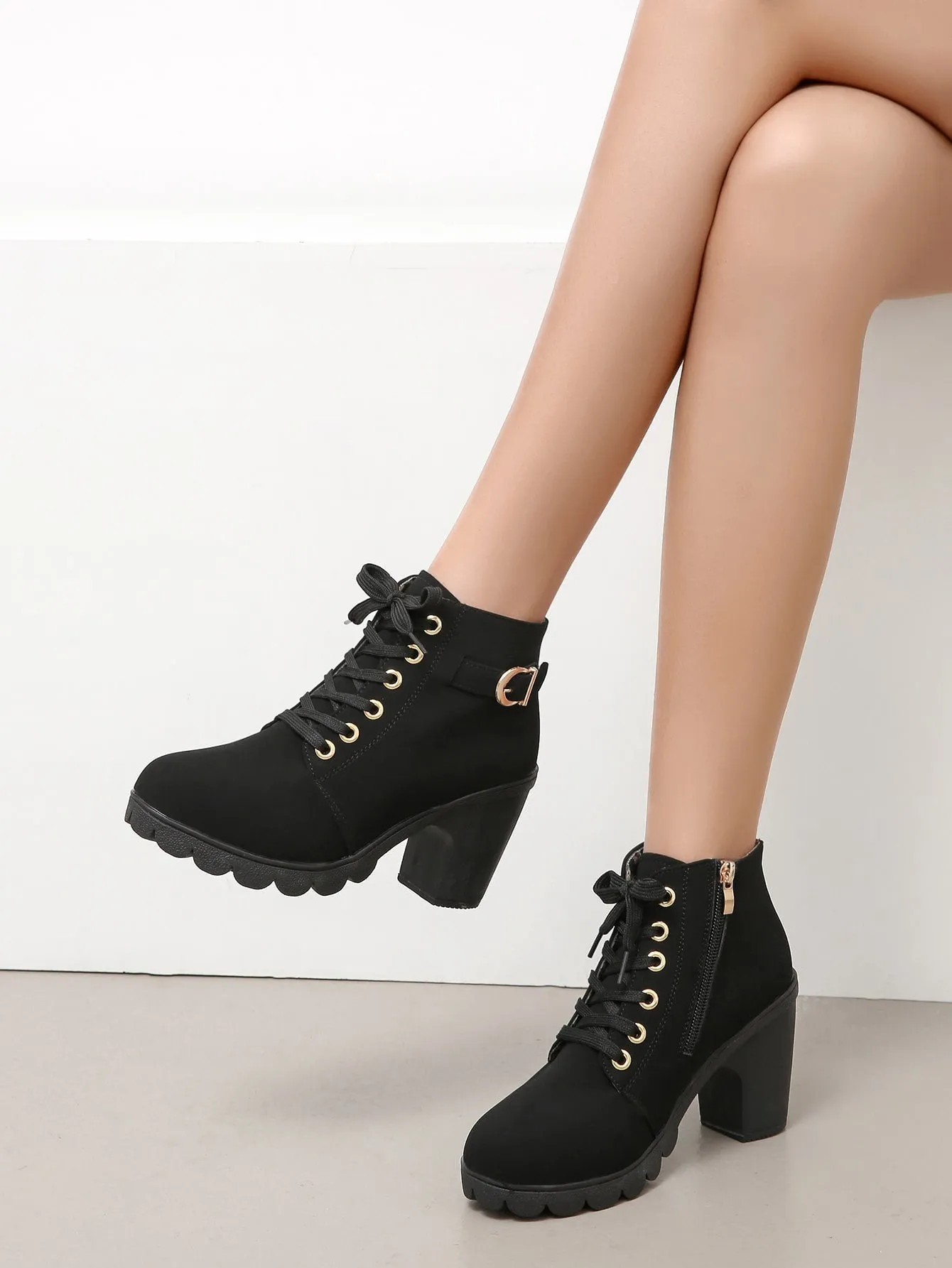 Buckle Detail Chunky Heeled Combat Boots