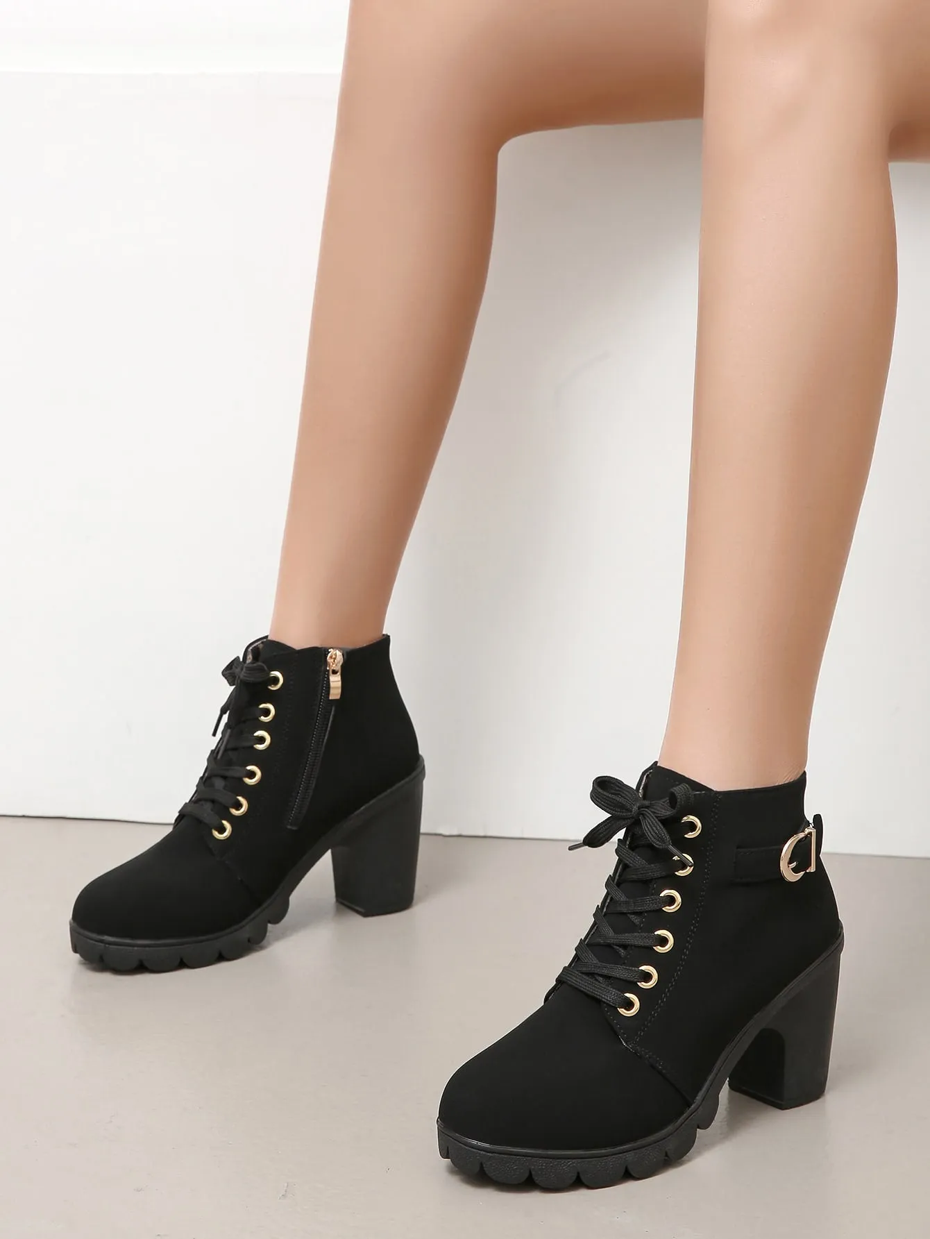 Buckle Detail Chunky Heeled Combat Boots