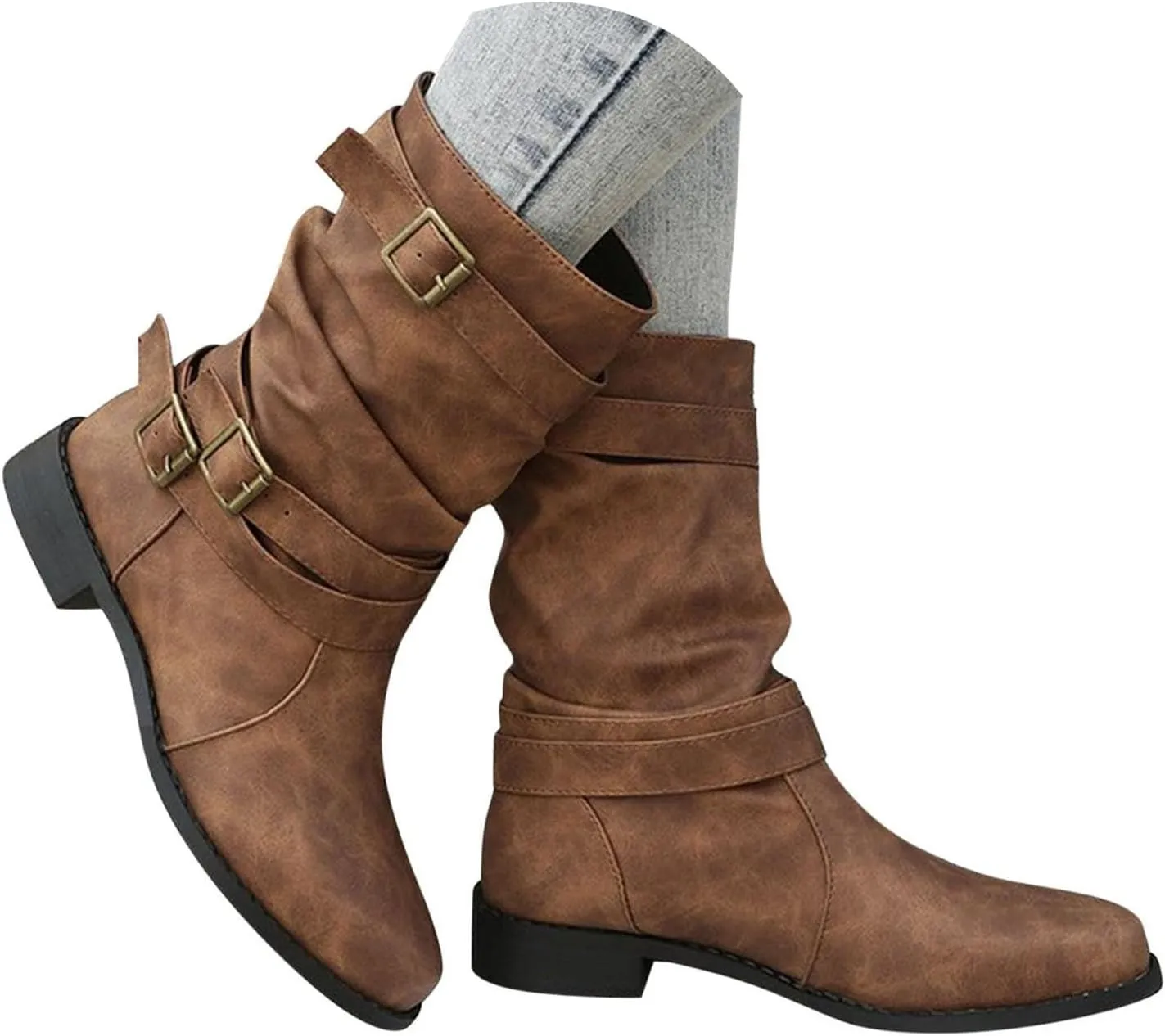 Cathalem Mid Calf Boots for Women, Women's Ankle Bootie Fall Booties Winter Lace up Mid Calf Military Combat Boots