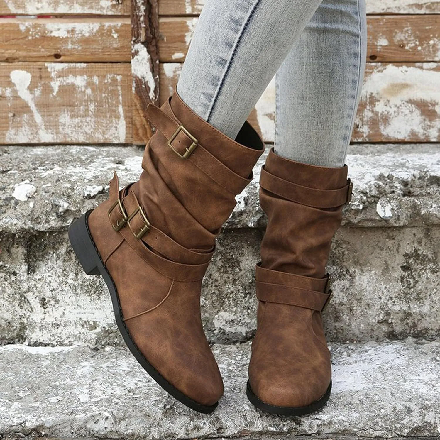 Cathalem Mid Calf Boots for Women, Women's Ankle Bootie Fall Booties Winter Lace up Mid Calf Military Combat Boots