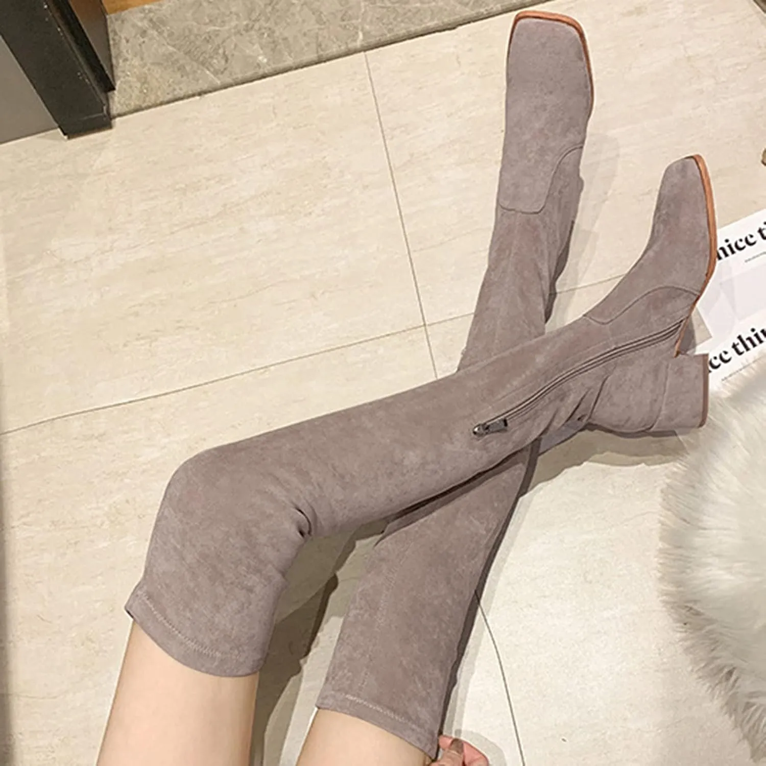 Combat Boots Womens Square Toe Over Knee Boots Suede Zipper Thigh High Boots Chunky Heeled Tall Long Boots