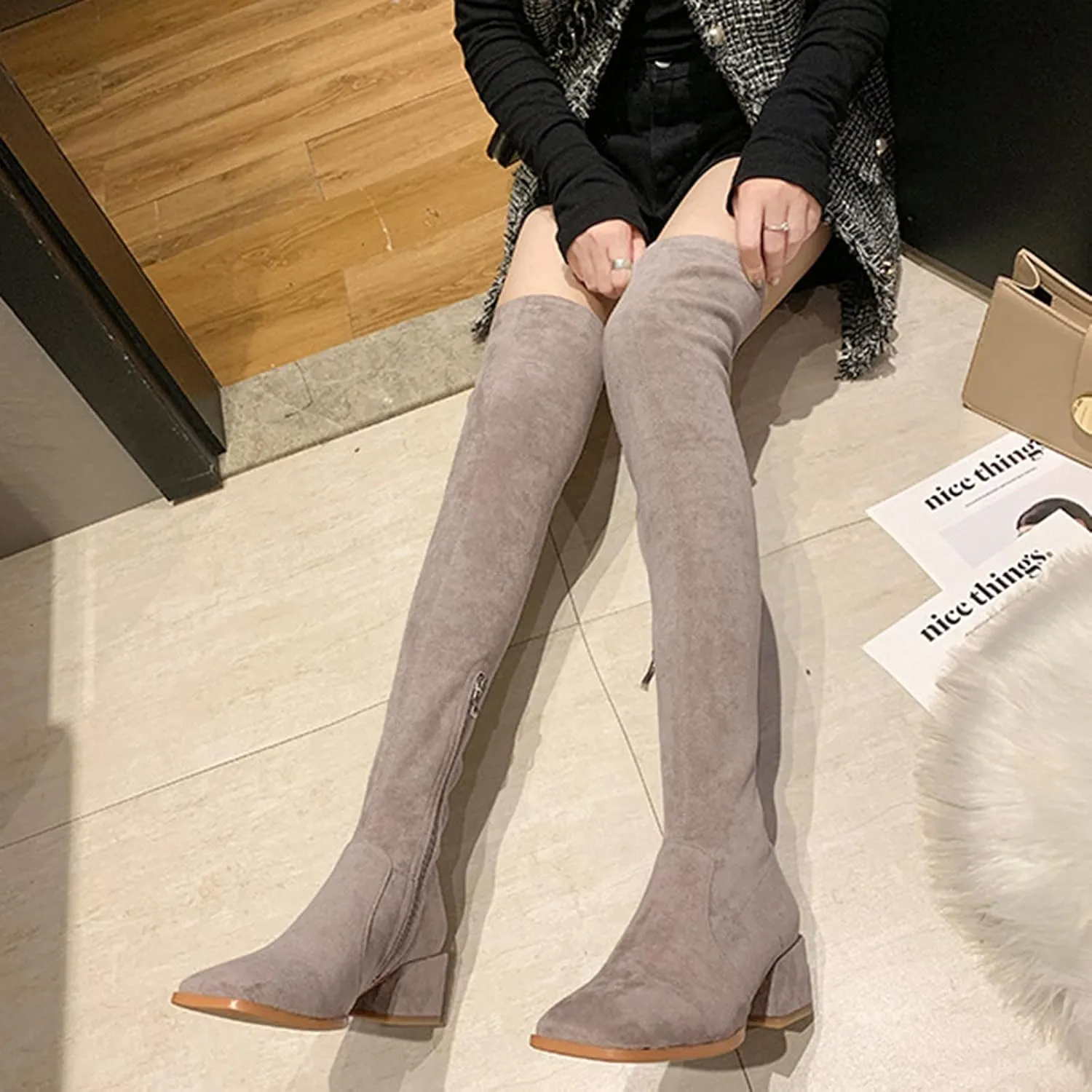 Combat Boots Womens Square Toe Over Knee Boots Suede Zipper Thigh High Boots Chunky Heeled Tall Long Boots