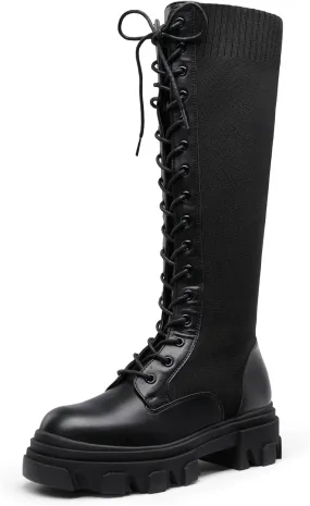 DREAM PAIRS Knee High Boots Women, Fashion Combat Boots Chunky Platform Lace Up Lug Sole Boots For Women