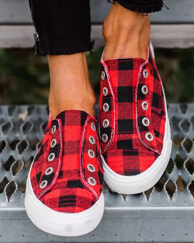 Eyelet Plaid Print Slip On Casual Shoes