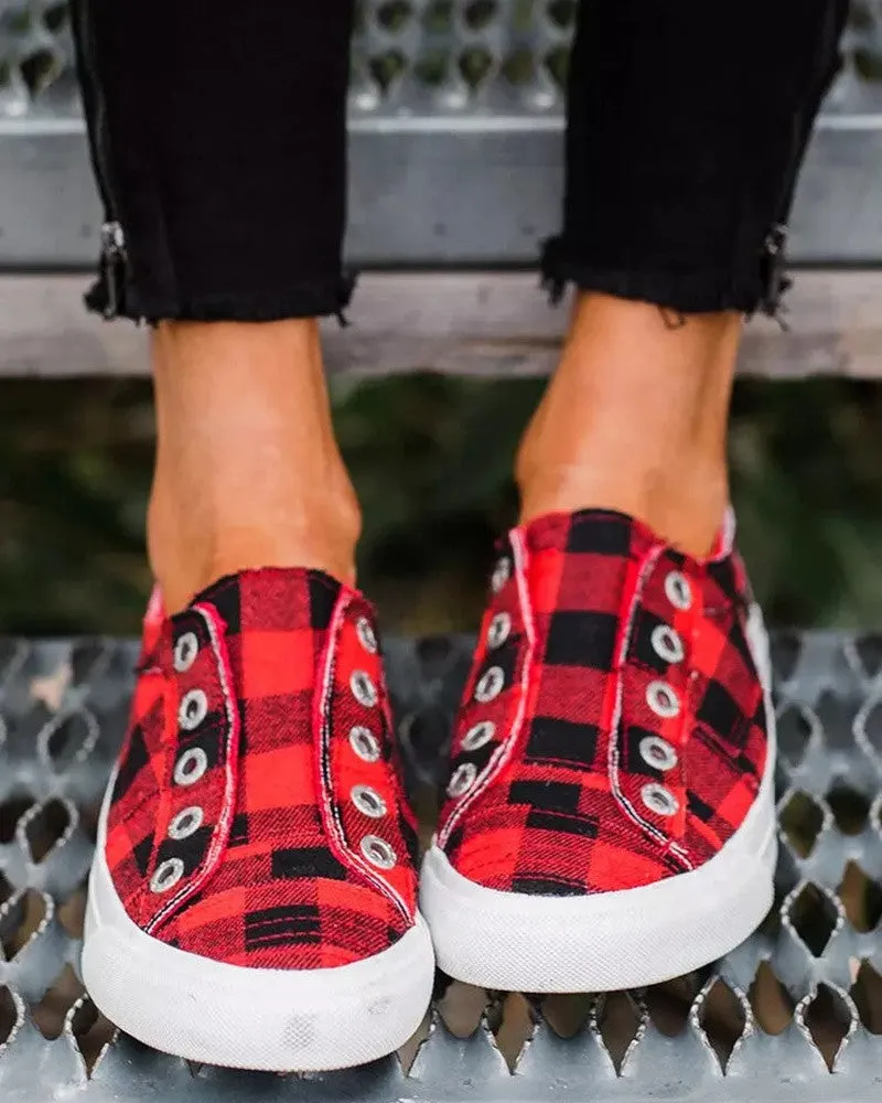 Eyelet Plaid Print Slip On Casual Shoes