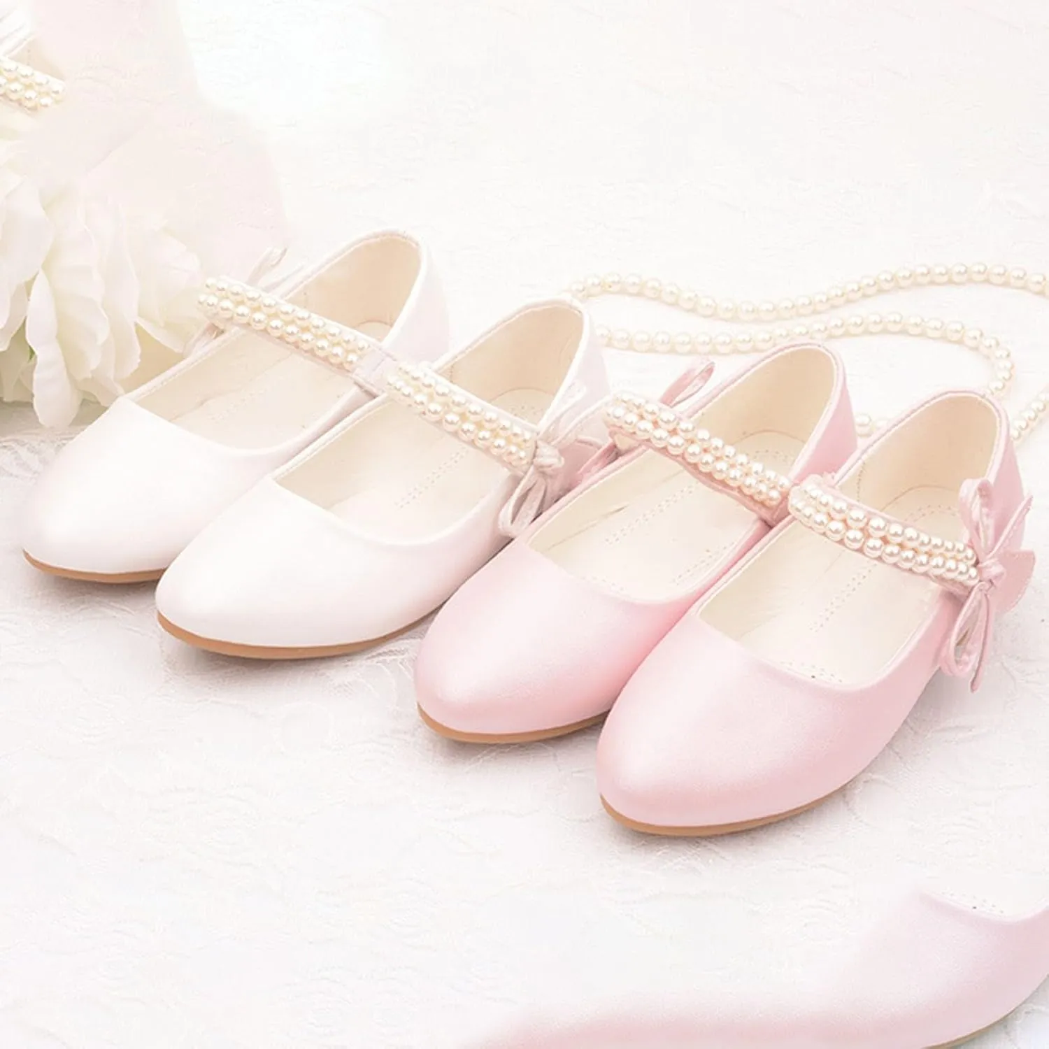Girls Dress Shoes Toddler Flower Kid Dress Shoes Baby Girl Ballet Flats Pearl Strap for Wedding Party