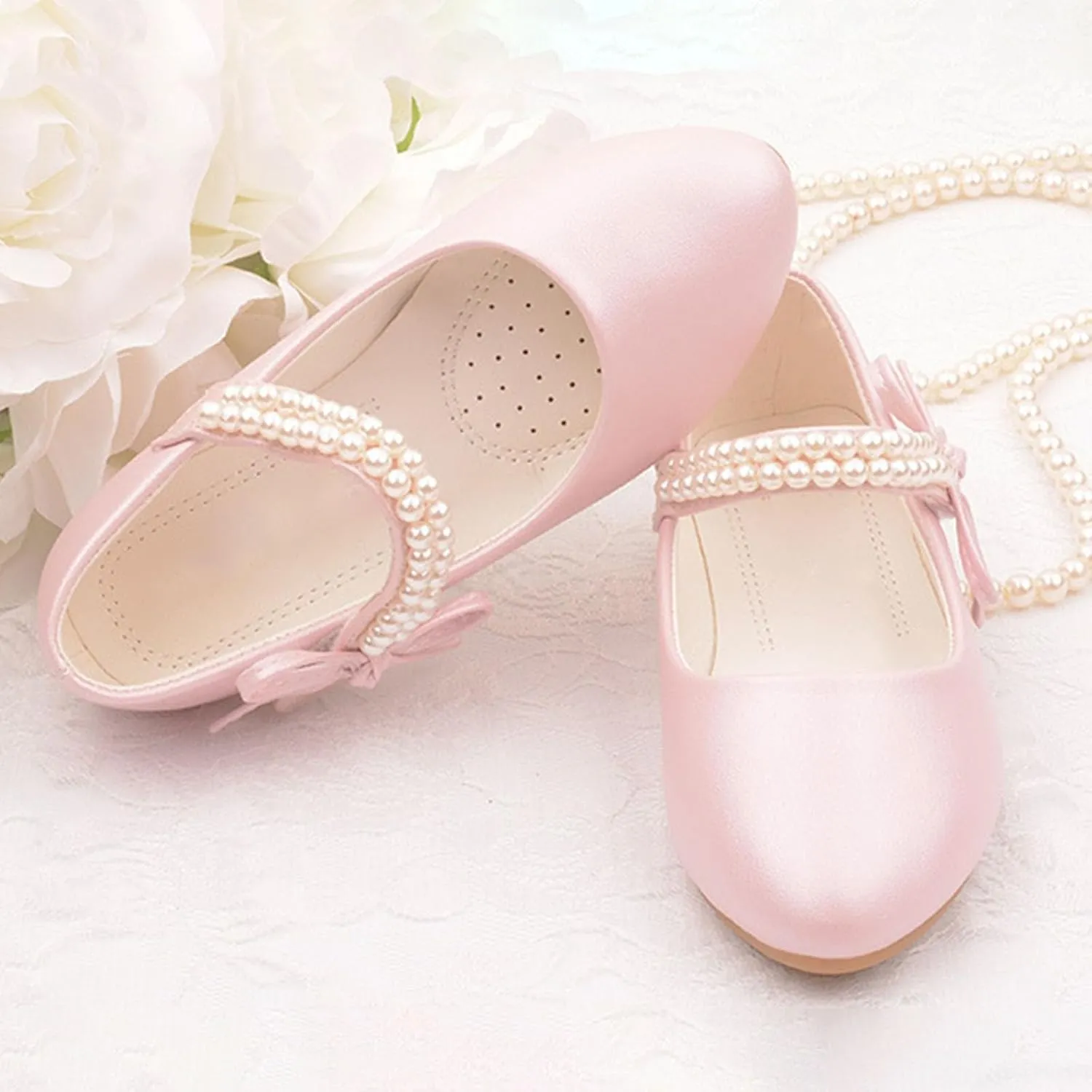 Girls Dress Shoes Toddler Flower Kid Dress Shoes Baby Girl Ballet Flats Pearl Strap for Wedding Party