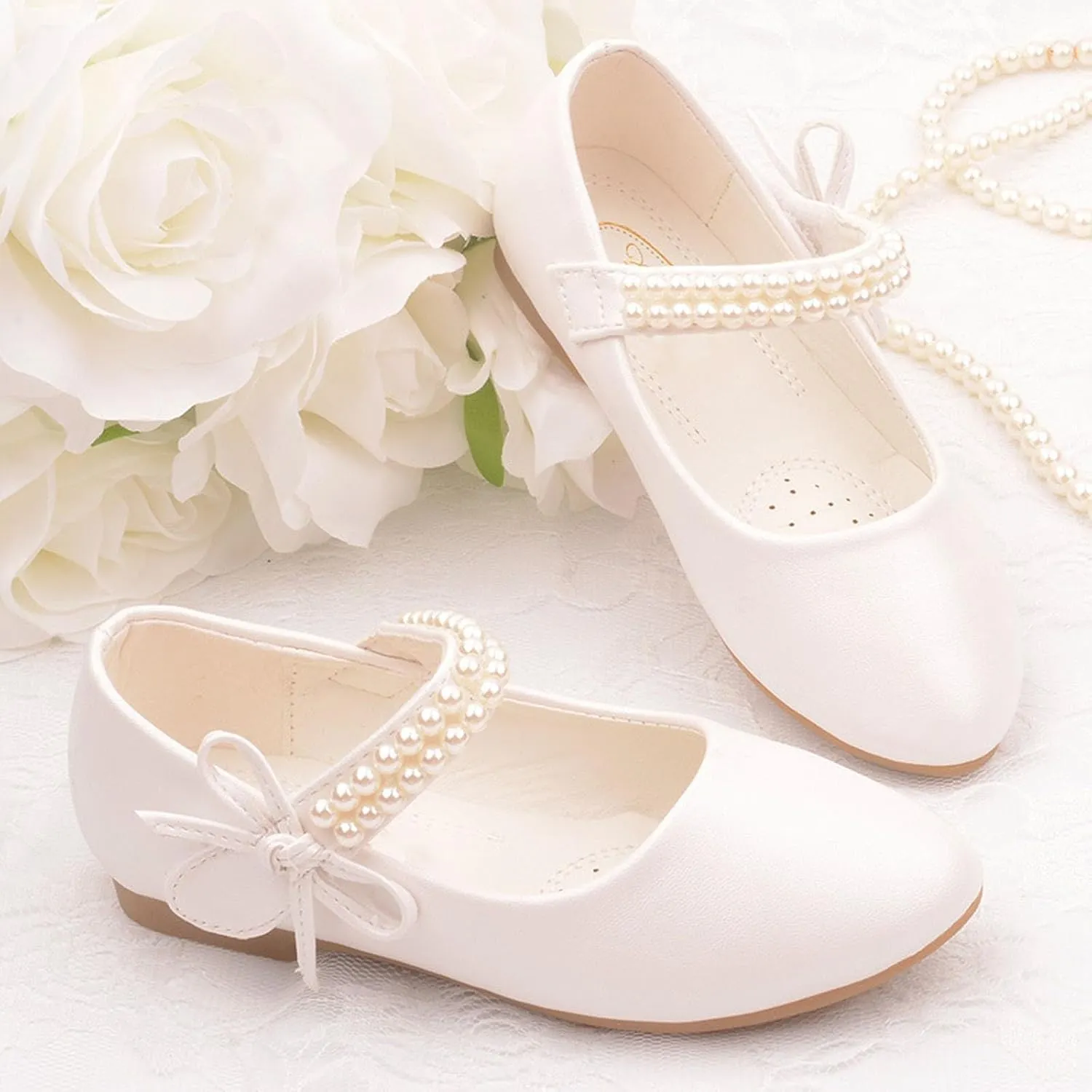 Girls Dress Shoes Toddler Flower Kid Dress Shoes Baby Girl Ballet Flats Pearl Strap for Wedding Party