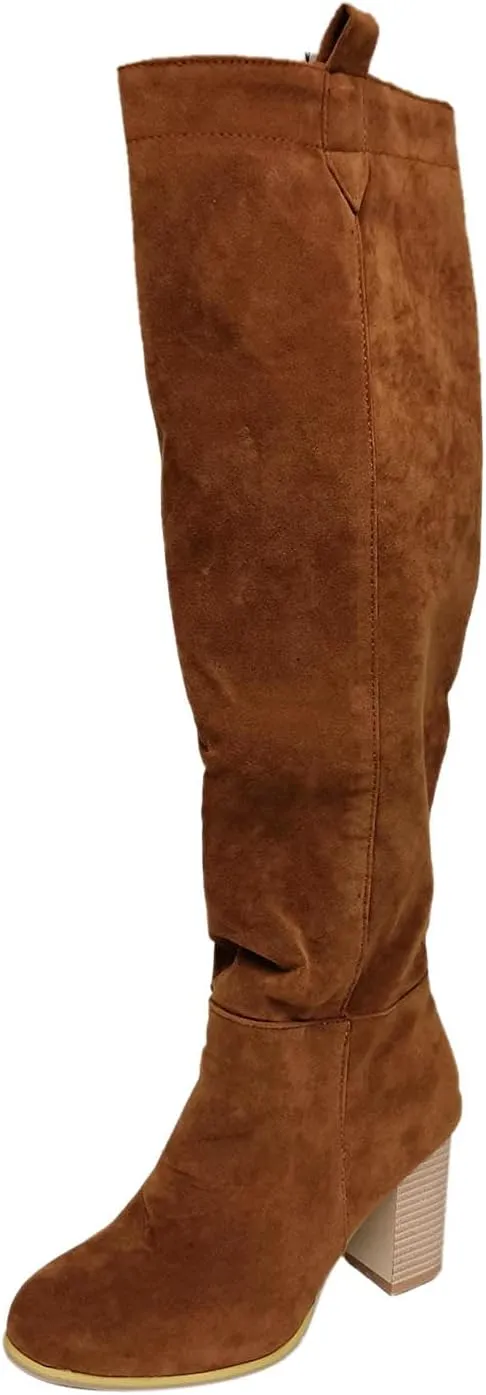 Hiking Boots Women High Chunky Heeled Knee High Boots Pull On Pointed Suede Thigh High Boots Long Bootie