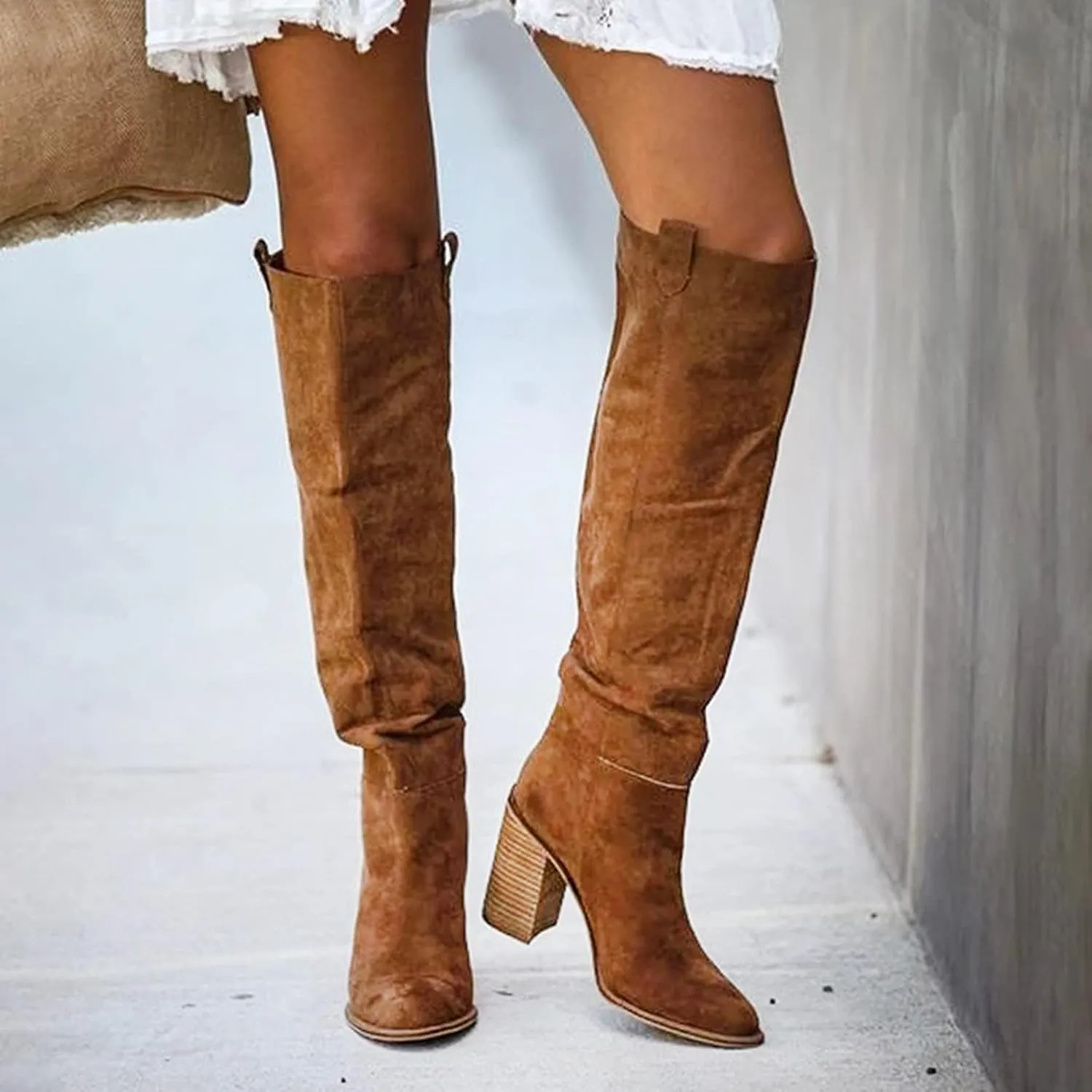 Hiking Boots Women High Chunky Heeled Knee High Boots Pull On Pointed Suede Thigh High Boots Long Bootie