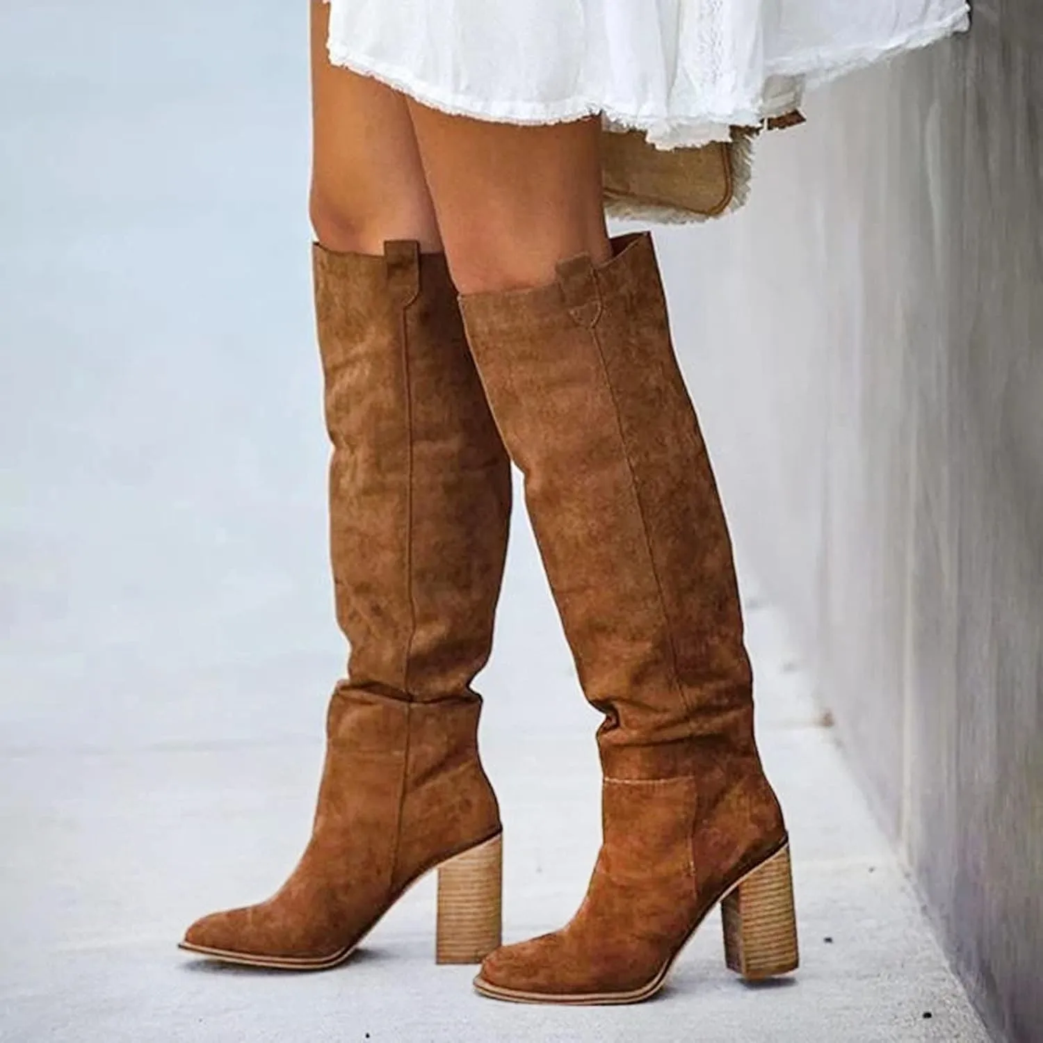 Hiking Boots Women High Chunky Heeled Knee High Boots Pull On Pointed Suede Thigh High Boots Long Bootie