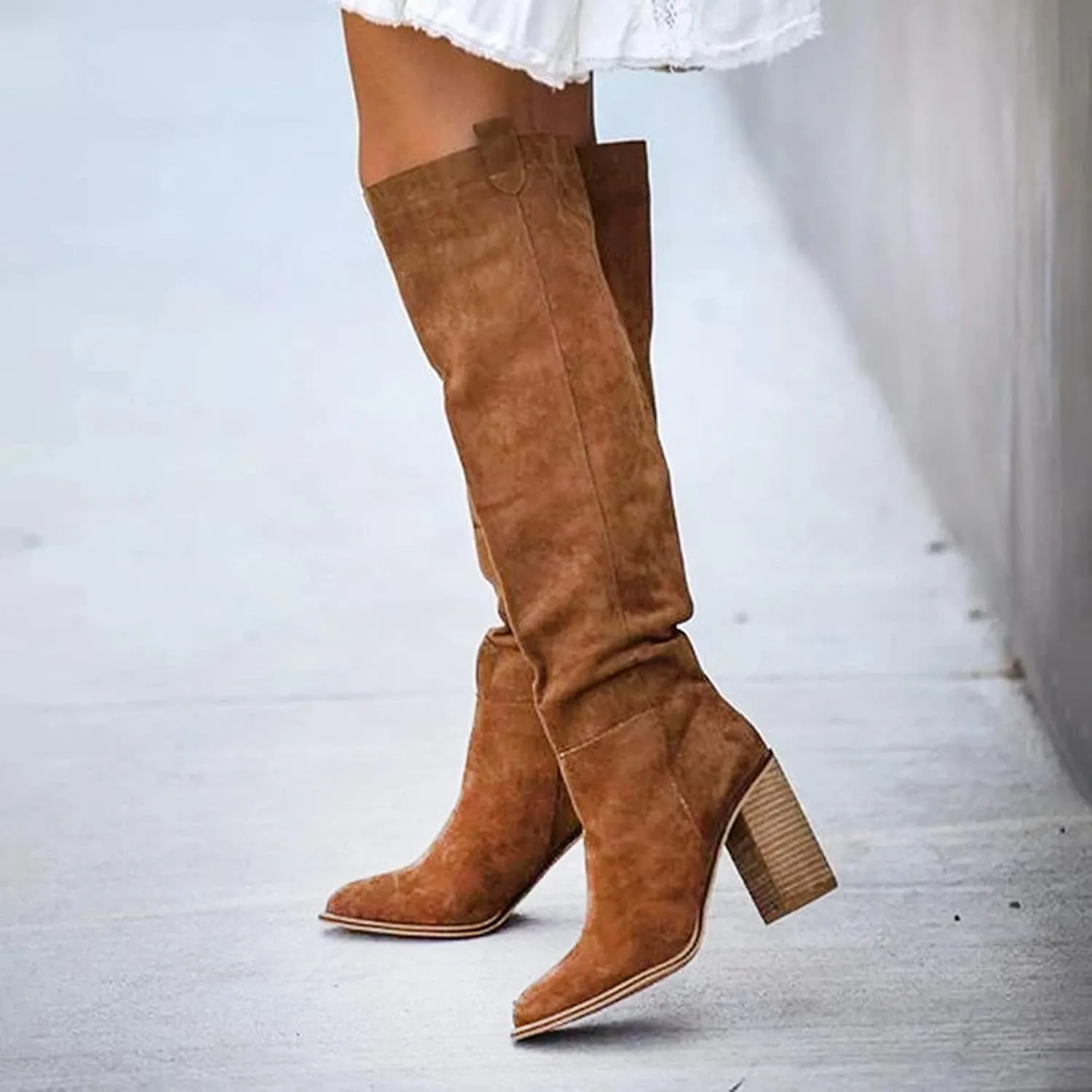 Hiking Boots Women High Chunky Heeled Knee High Boots Pull On Pointed Suede Thigh High Boots Long Bootie