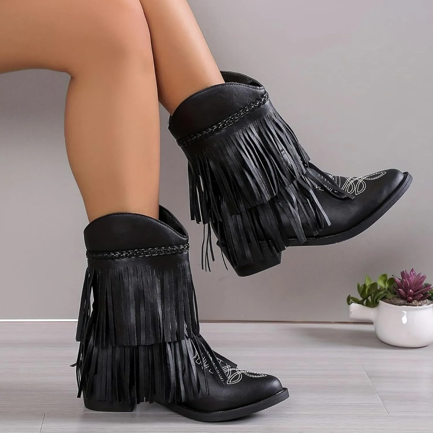 Hiking Boots Women Women's Mid Calf Tassel Cowboy Boots Embroidery Low Heels Western Bootie For Ladies Fall Winter