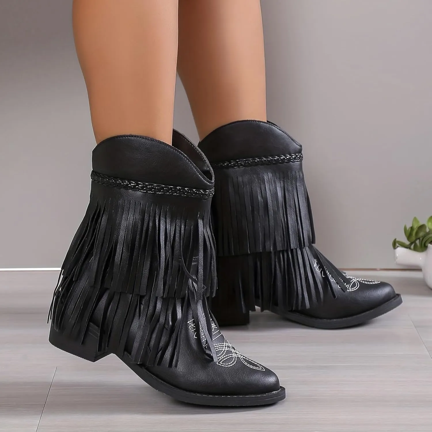 Hiking Boots Women Women's Mid Calf Tassel Cowboy Boots Embroidery Low Heels Western Bootie For Ladies Fall Winter