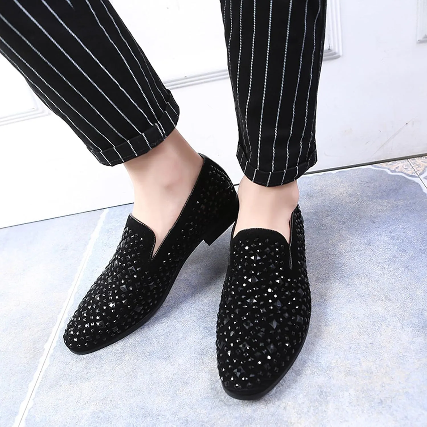Men's Fashion Rhinestone Leather Dress Loafers Comfortable Slip On Classic Pointed Top Tuxedo Dress Shoes Party Prom Wedding Smoking Shoes