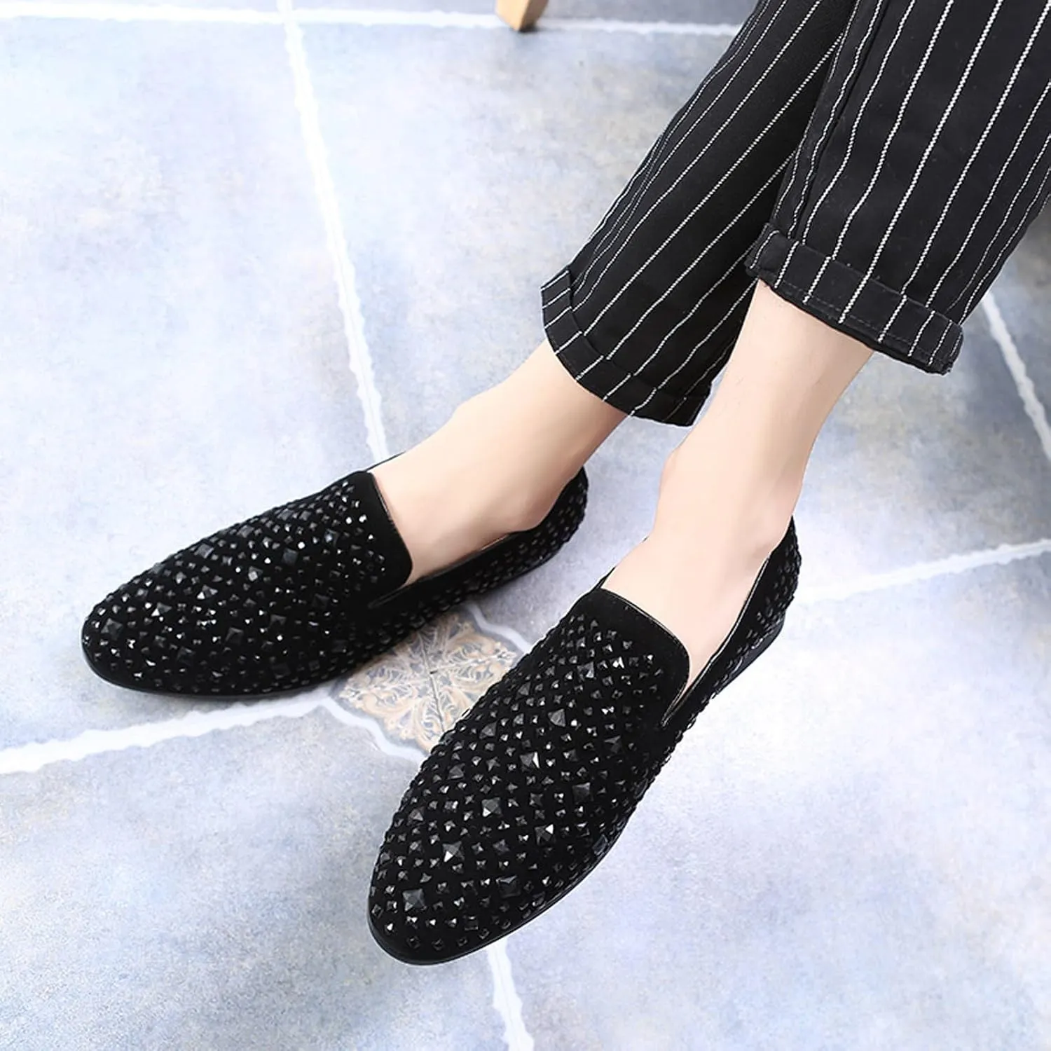 Men's Fashion Rhinestone Leather Dress Loafers Comfortable Slip On Classic Pointed Top Tuxedo Dress Shoes Party Prom Wedding Smoking Shoes