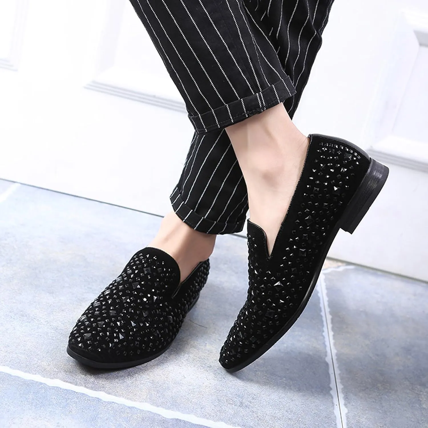 Men's Fashion Rhinestone Leather Dress Loafers Comfortable Slip On Classic Pointed Top Tuxedo Dress Shoes Party Prom Wedding Smoking Shoes