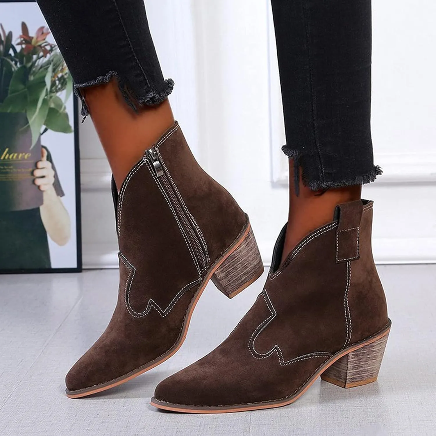 oiangi Women's Suede Booties Fashion Solid Low Mid Block Heel Ankle Boots Slip On Side Zippers Round Toe Short Boots Comfortable Casual Ladies Shoes