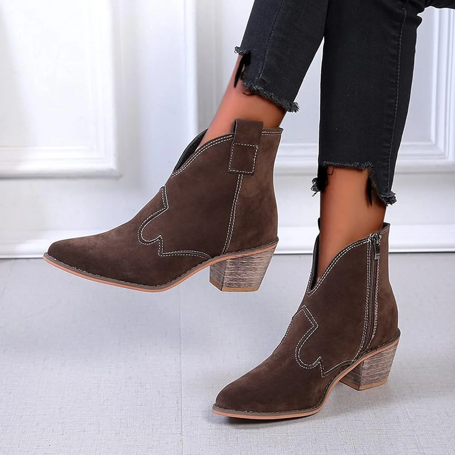 oiangi Women's Suede Booties Fashion Solid Low Mid Block Heel Ankle Boots Slip On Side Zippers Round Toe Short Boots Comfortable Casual Ladies Shoes