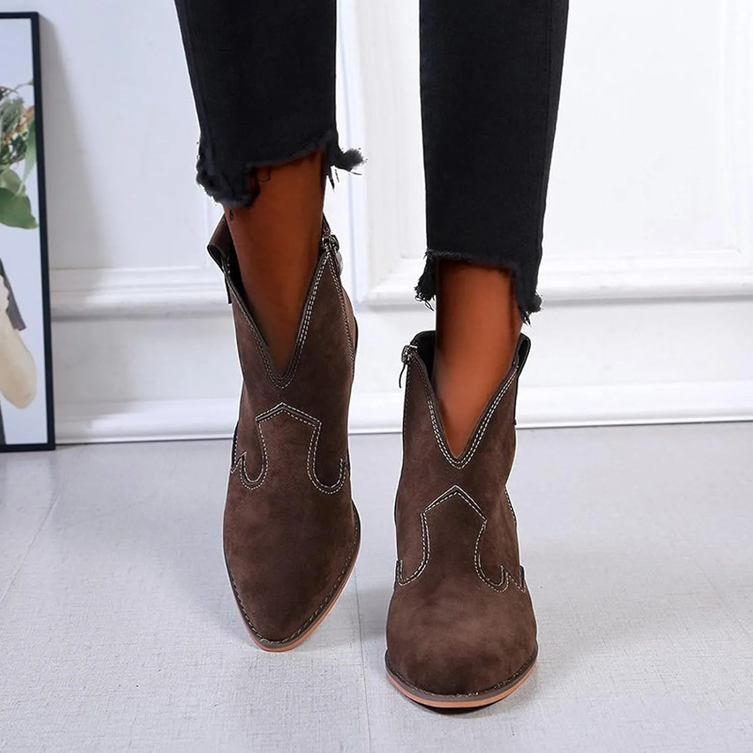 oiangi Women's Suede Booties Fashion Solid Low Mid Block Heel Ankle Boots Slip On Side Zippers Round Toe Short Boots Comfortable Casual Ladies Shoes