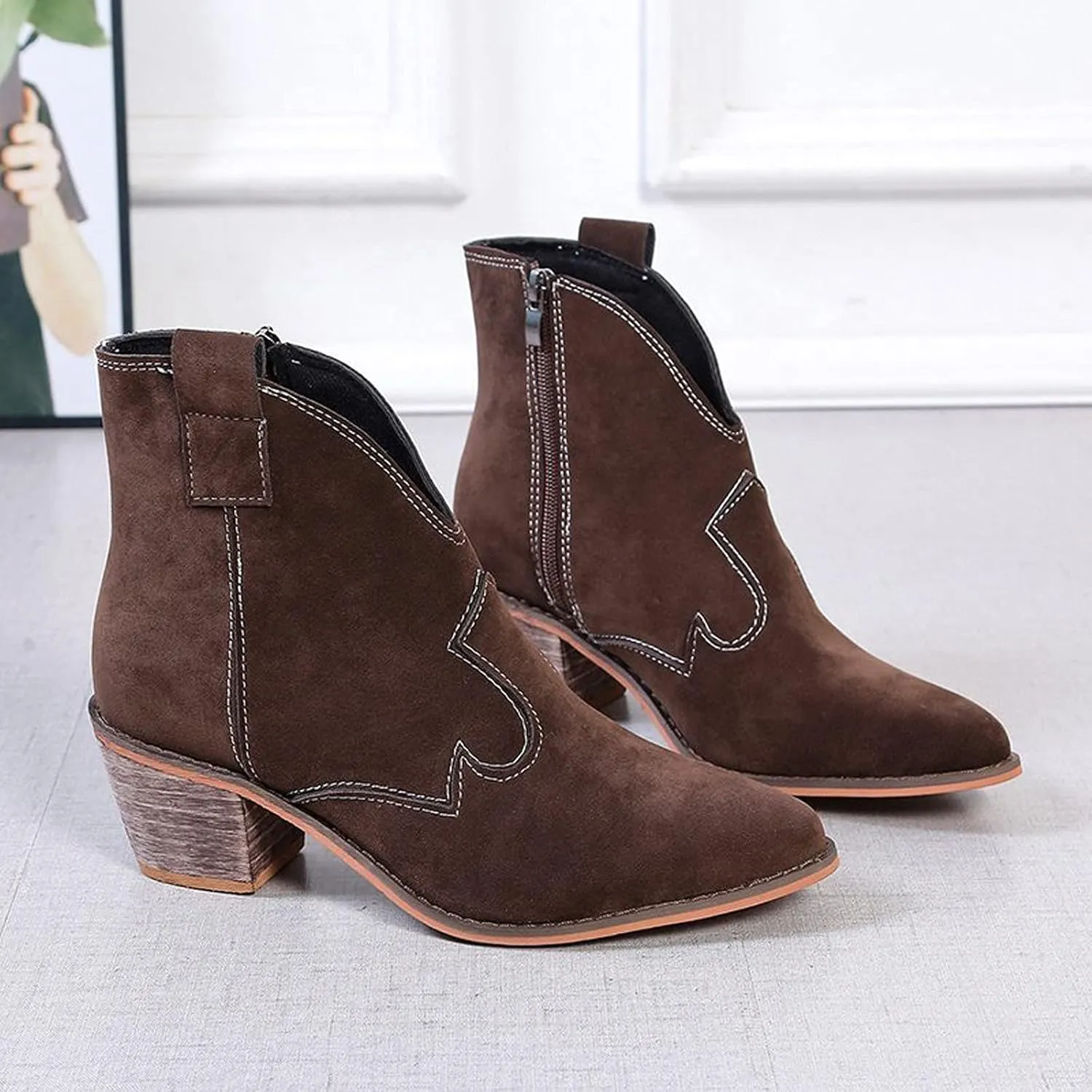 oiangi Women's Suede Booties Fashion Solid Low Mid Block Heel Ankle Boots Slip On Side Zippers Round Toe Short Boots Comfortable Casual Ladies Shoes
