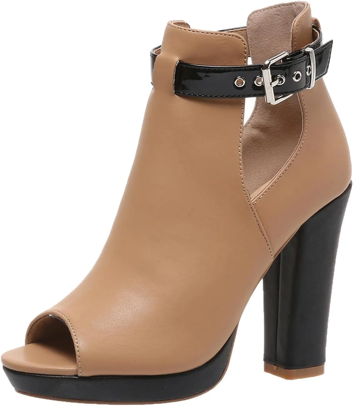 SACFOF Women's Open Peep Toe Booties Cutout Side Ankle Buckle Chunky High Heels Platform Ankle Bootie Summer Sandals