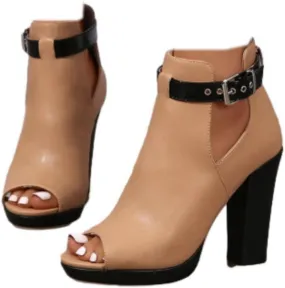 SACFOF Women's Open Peep Toe Booties Cutout Side Ankle Buckle Chunky High Heels Platform Ankle Bootie Summer Sandals
