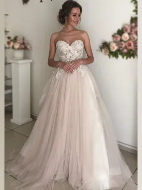 Sexy Blush Pink Sweetheart Strapless Lace Top A-line Long Wedding Dress, WD3054