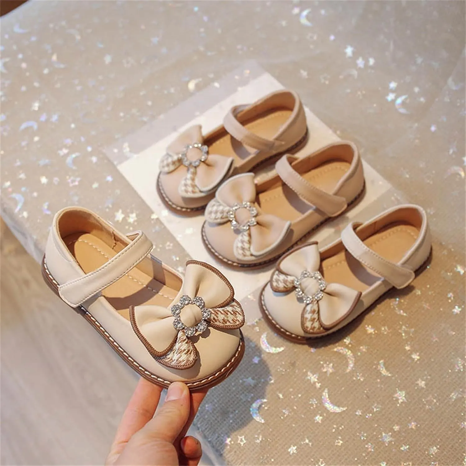 Toddler Flower Girl Dress Shoes Rhinstones Bow Mary Jane Ballet Flats for Wedding Party School Baby Girl Dress Shoes