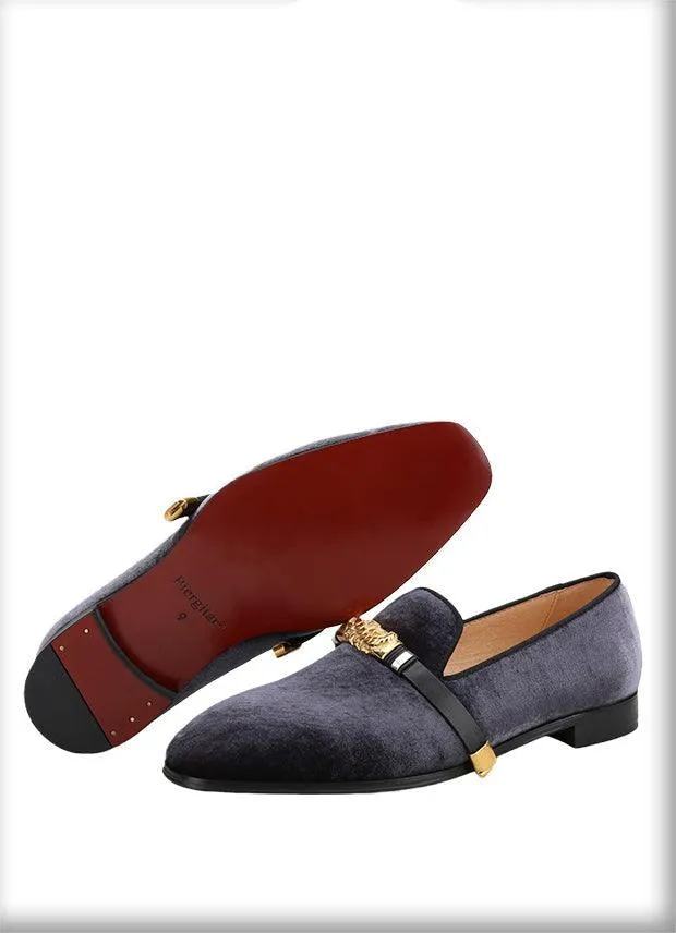 Velvet Men Loafers with Gold Metal Buckle - Men Shoes
