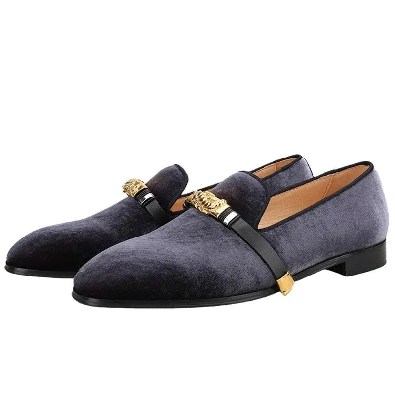 Velvet Men Loafers with Gold Metal Buckle - Men Shoes