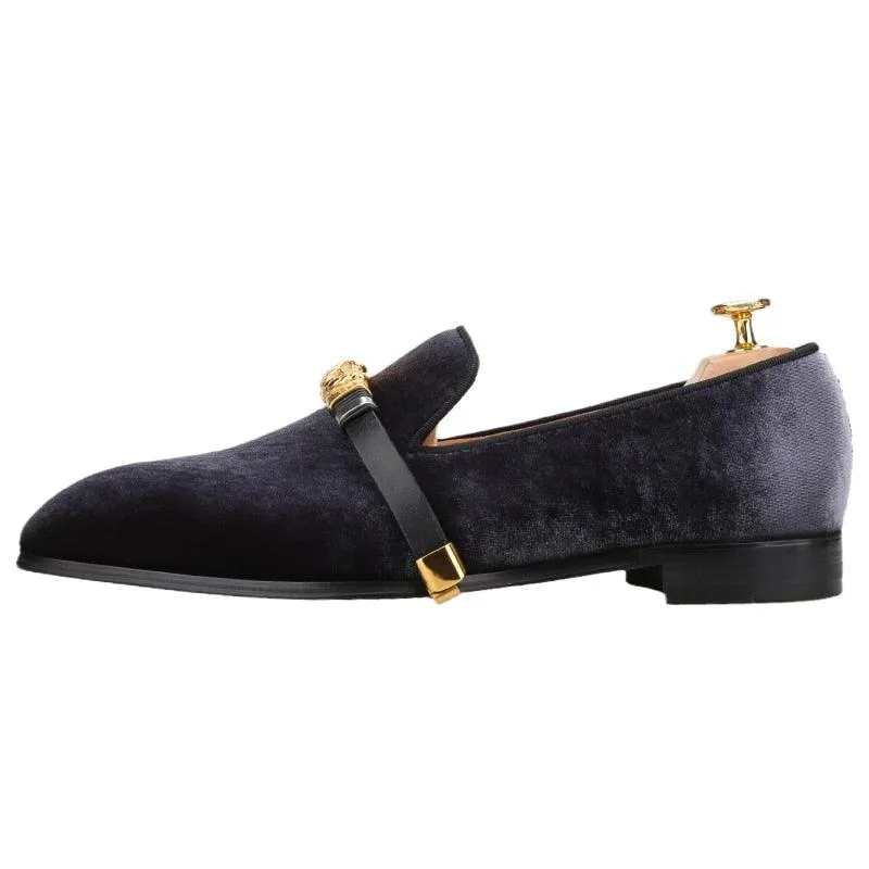 Velvet Men Loafers with Gold Metal Buckle - Men Shoes