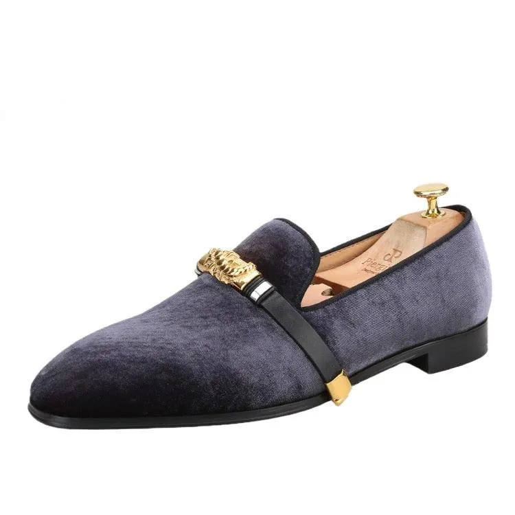 Velvet Men Loafers with Gold Metal Buckle - Men Shoes