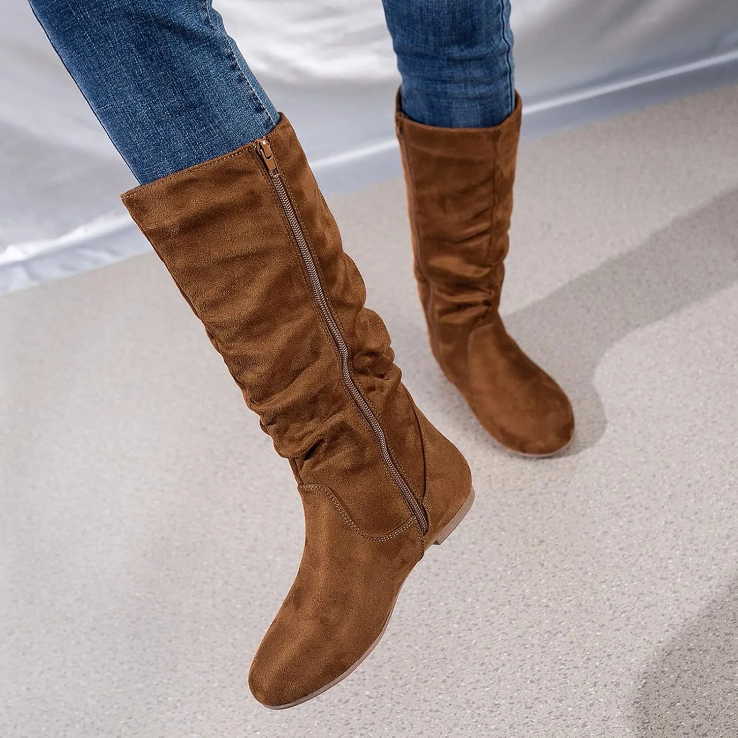 White Cowgirl Boots Retro Side Zipper Flats Thigh High Boots Pleated Suede Knee High Boots Fall Long Bootie