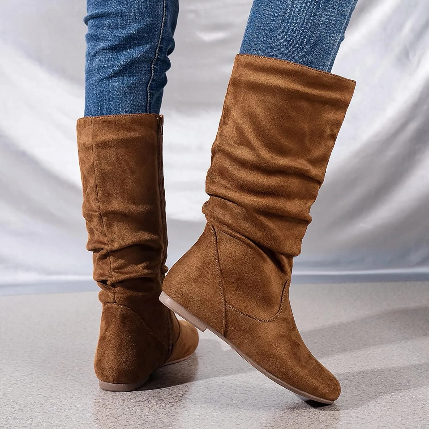 White Cowgirl Boots Retro Side Zipper Flats Thigh High Boots Pleated Suede Knee High Boots Fall Long Bootie