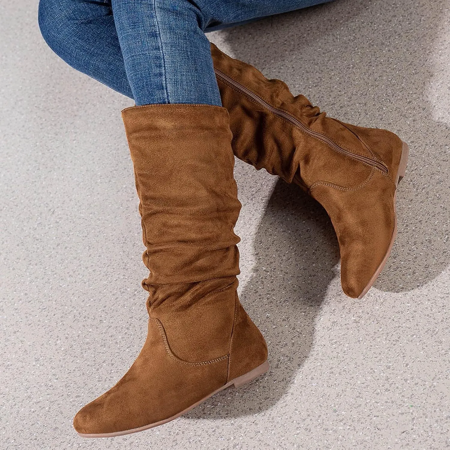 White Cowgirl Boots Retro Side Zipper Flats Thigh High Boots Pleated Suede Knee High Boots Fall Long Bootie