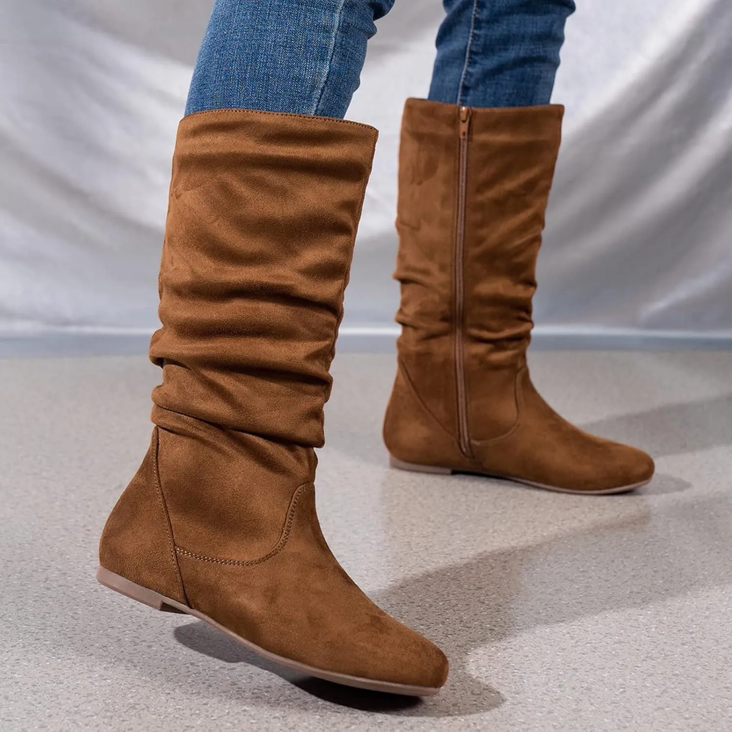 White Cowgirl Boots Retro Side Zipper Flats Thigh High Boots Pleated Suede Knee High Boots Fall Long Bootie