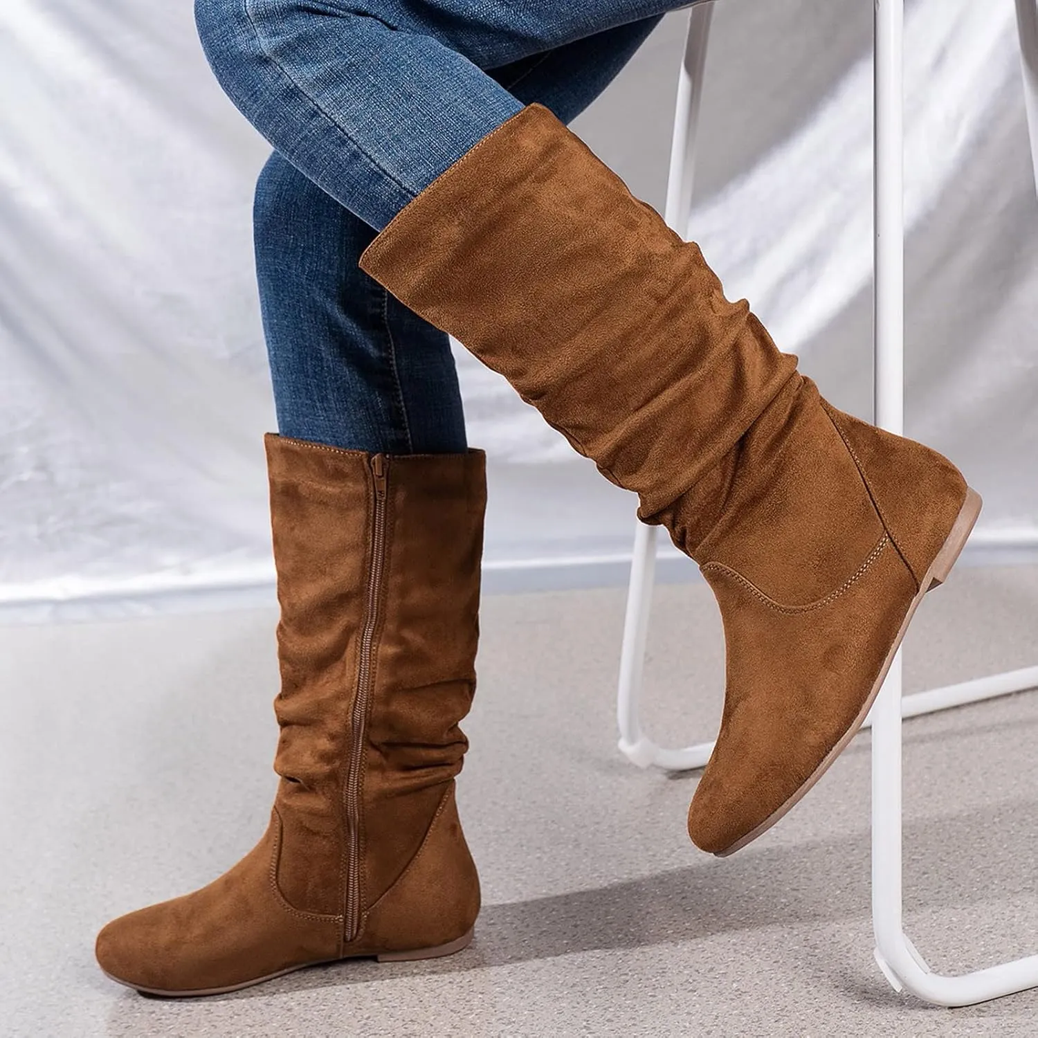 White Cowgirl Boots Retro Side Zipper Flats Thigh High Boots Pleated Suede Knee High Boots Fall Long Bootie